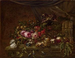 Fruits Et Fleurs Dans Une Corbeille Avec Une Pendule Sur Unentablement