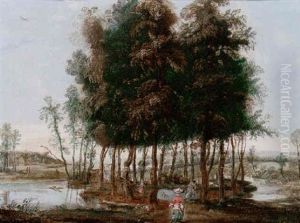 A River Landscape With Figures In A Spinney A River Landscape With Figures In A Spinney