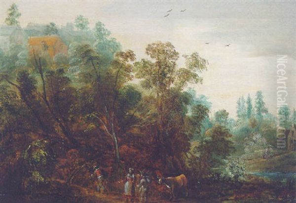 A Landscape With Drovers On A Wooded Path, A Hilltop Village And A Cottage Beyond - view 1