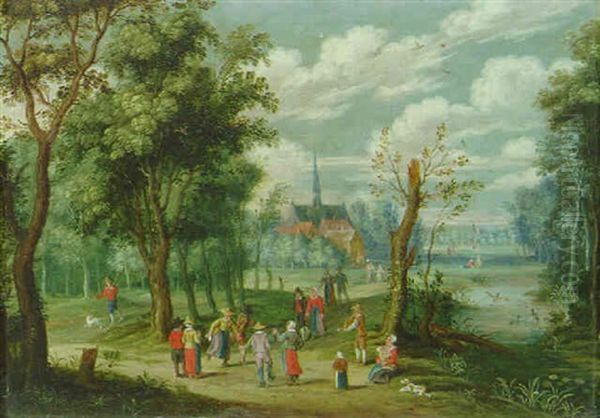 A Wooded Landscape With Peasants Dancing, A Hamlet Beyond - view 1