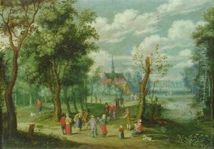 A Wooded Landscape With Peasants Dancing, A Hamlet Beyond