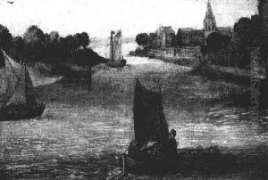 Barques Sous Le Vent Sur Une Riviere Ombragee Que Borde Un Village by Isaac Van Oosten
