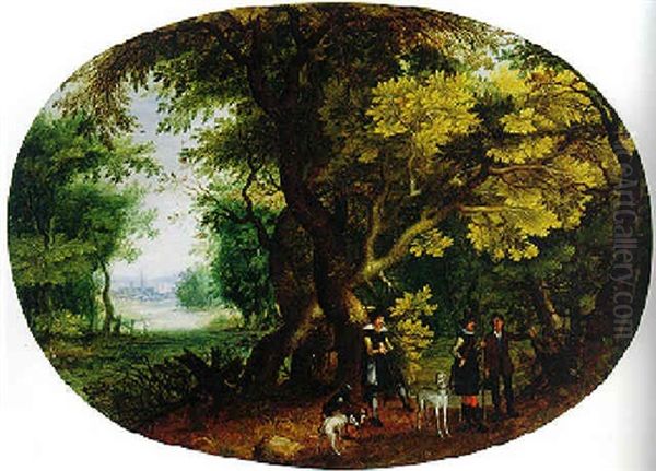 Hunters With Their Dogs In A Wooded Landscape - view 1