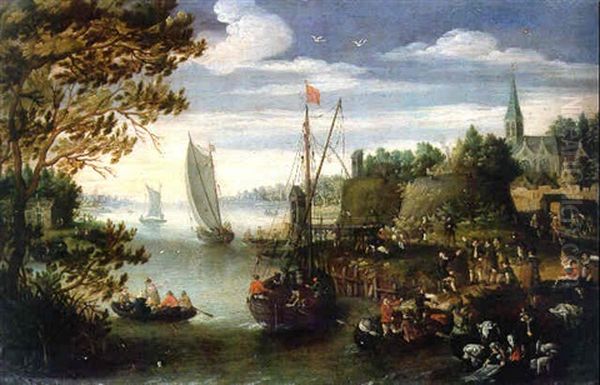 A River Landscape With Figures Trading From A Quay - view 1