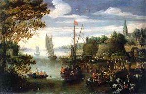 A River Landscape With Figures Trading From A Quay by Isaac Van Oosten