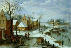 Vue D'un Village Fluvial En Hiver
