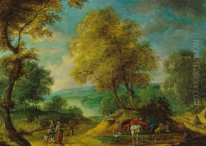 Bewaldete Flusslandschaft Mit Rastenden Bauern Und Maultieren