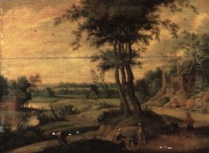 Figures Discoursing On A Track Near A House With A Man And Mule Nearby