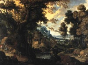 Wooded Landscape With Travellers On A Road by Isaac Van Oosten