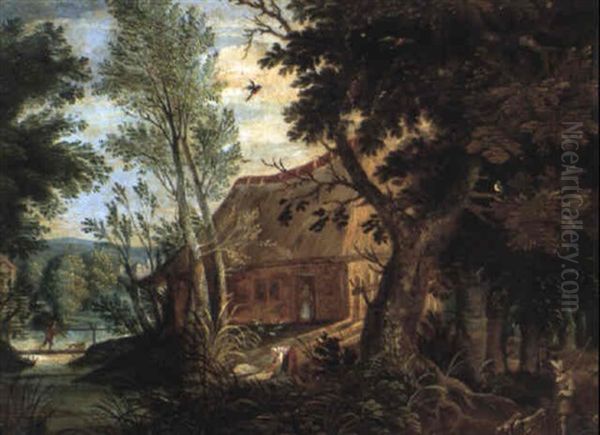 Wooded Landscape With A Huntsman And His Dogs Outside A Cottage - view 1