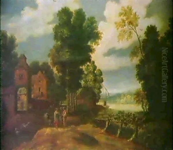 Bewaldete Flusslandschaft Mit Einem Gusthof Und Rastenden Bauern - view 1