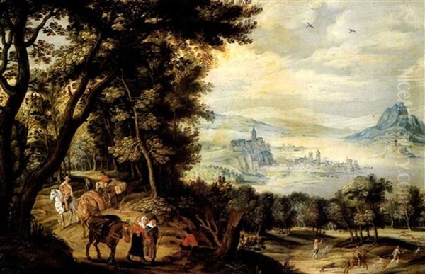 Travellers On A Wooded Path And Hunters In A Field, An      Extensive River Landscape Beyond - view 1