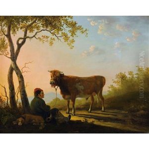 Abendstimmung Mit Schafer, Hund Und Kuh by Daniel van Oosterhoudt