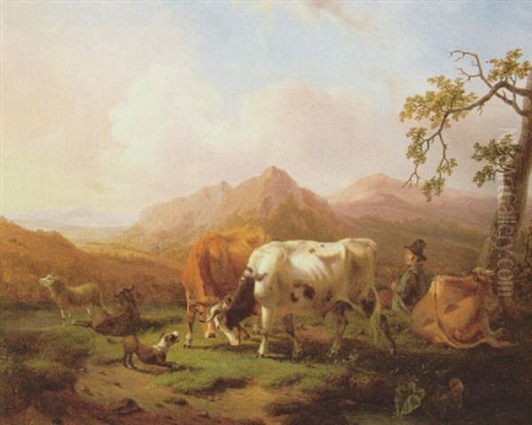 Hirte Mit Viehherde In Bergiger Fluslandschaft - view 1