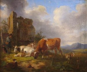Farm Animals By Ruins by Dirck Oosterhout