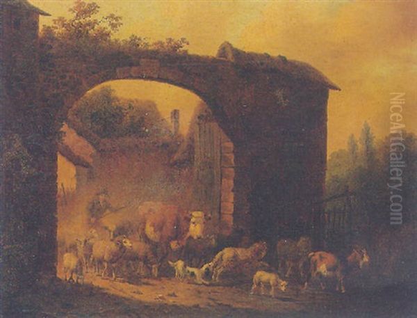 A Herdsman Driving His Cattle, Sheep And Goats Through An Archway - view 1