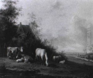 Hollandische Landschaft Mit Bauernhaus Und Vieh by Dirck Oosterhout
