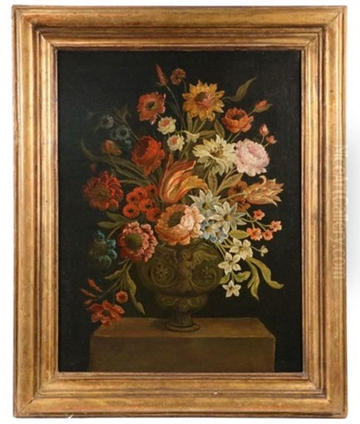 Floral Still Life With Romanesque Vase On Plinth - view 1