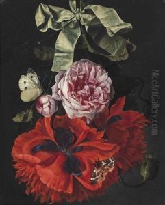 Roses And Carnations Hanging From A Green Ribbon With A Moth And A Butterfly by Maria van Oosterwyck