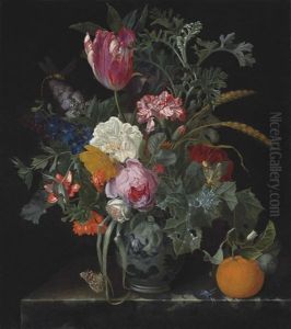Roses, A Parrot Tulip, Carnations, Ears Of Wheat, Hyacinths And Other Flowers With Butterflies In A Chinese Vase, With An Orange On A Marble Ledge by Maria van Oosterwyck