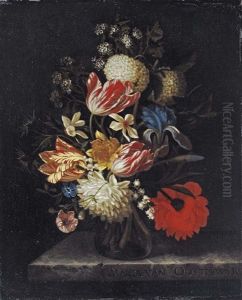 Tulips, Lilies, Roses, An Iris And Other Flowers In A Glass Vase, On A Marble Ledge by Maria van Oosterwyck