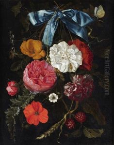 A Swag Of Roses, Poppies, Other Flowers And Berries Held By A Blue Ribbon Suspended From A Nail, With A Butterfly