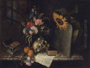 Roses, Tulips, Irises And Other Flowers In A Vase, A Skull With A Wreath Of Morning Glory, And Oranges, Roses, A Book, A Pocket Watch...