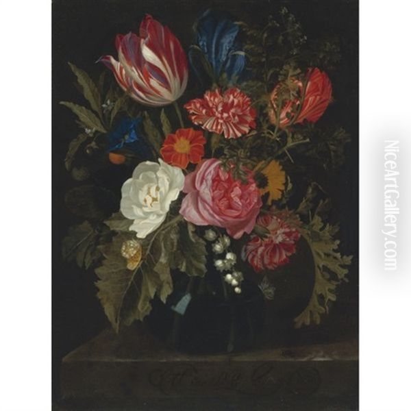 Still Life Of Roses, Carnations, A Tulip And Other Flowers In A Glass Vase - view 1