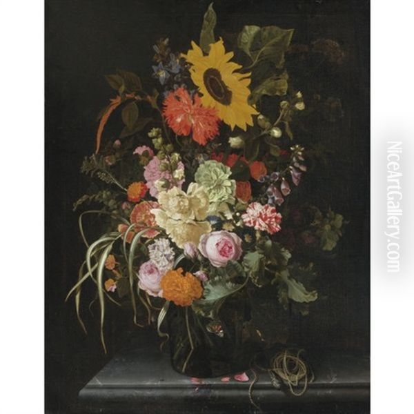 Still Life Of Roses, Carnations, Marigolds And Other Flowers With A Sunflower And Striped Grass, In A Glass Vase With A Knife And String Upon A Marble Ledge - view 1
