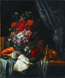 Stillleben Mit Blumenbouquet, Muscheln, Pfeife, Sanduhr, Malerpalette Und Kerze
