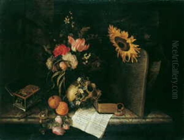 Vanitas-stilleben. Neben Den Auf Einer Marmorplatte Arrangierten Gegenstanden Ein Zettel, Auf Dem Jedes Objekt Einer Bibelstelle Zugeordnet Wird - view 1