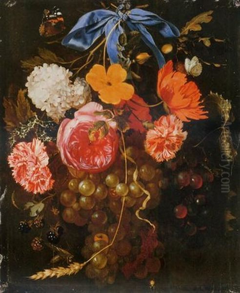 A Poppy, A Snowball, Pink And Yellow Roses, Carnations, Grapes, Blackberries, An Ear Of Wheat And Sprigs Of Oak And Holly Suspended By A Ribbon From A Nail, With A Red Admiral, A Cabbage White - view 1