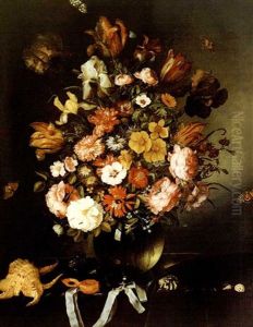 Floral Still Life In A Glass Vase With Reflection Of A Doomed Church, With Butterflies, Seashells And Pocket Watch