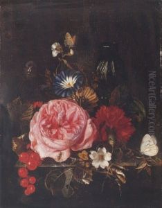 A Still Life Of Roses, A Carnation, Morning Glory, Butterflies, Red Currants And A Glass Vase, All Arranged Upon A Marble Ledge
