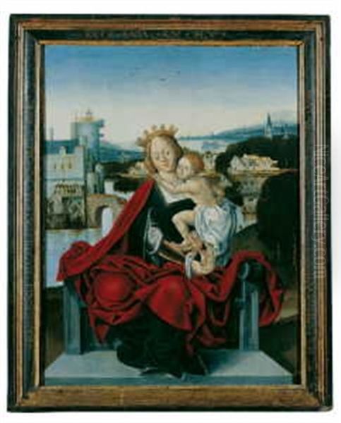 Madonna Mit Kind, Thronend. Im Hintergrund Eine An Einem Fluss Gelegene Stadt - view 1