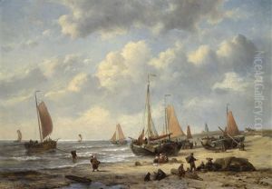 Fishing Boats On Scheveningen Beach by George Willem Opdenhoff