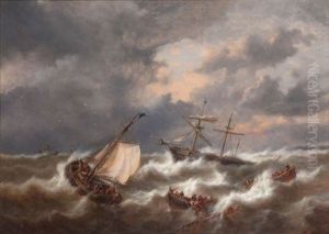 Marine Bij Stormweer, Een Woelige Zee Gestoffeerd Met Boten En Sloepen by George Willem Opdenhoff