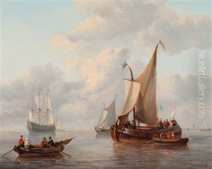 Dutch Sailboats And Ships On A Summer Afternoon by George Willem Opdenhoff