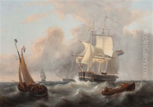 Dutch Ships On Choppy Waters by George Willem Opdenhoff