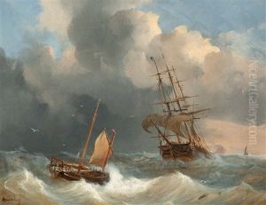 Sailboats On Choppy Waters by George Willem Opdenhoff