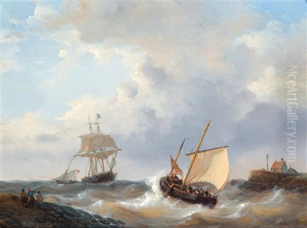 Schepen Op Woelig Water Bij Een Havenhoofd - view 1
