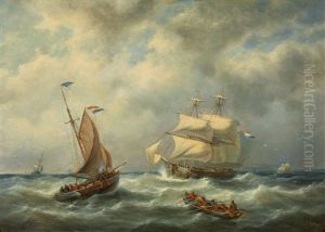 A Sailing Ship And Fishing Boats In Stormy Se