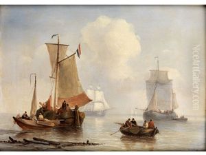 Untitled (segelschiffe Und Fischerboote Mit Segeln Im Flachwasser Eines Weiten Poldermeeres Unter Hellem Wolkenhimmel) by George Willem Opdenhoff