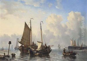 Unloading The Day's Catch Off The Coast Of The Low Countries by George Willem Opdenhoff