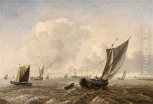 Ships In The Bay Of Rotterdam by George Willem Opdenhoff