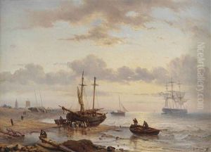 A Bomschuit And Horse Drawn Cart On The Beach by George Willem Opdenhoff