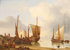 Les Bateaux Sur La Greve by George Willem Opdenhoff