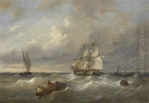 Segelschiffe Und Ruderboot Auf Rauer See by George Willem Opdenhoff