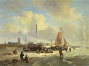 Segelboote Am Strand by George Willem Opdenhoff