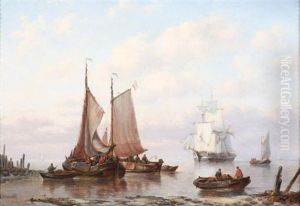Ships At Shore With Seamen by George Willem Opdenhoff